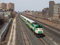 One of three F59's running the Kitchener Line on April 6th, 2021, GO 558 seen passing under Dundas Street West after departing Bloor GO Station, next stop; Union!