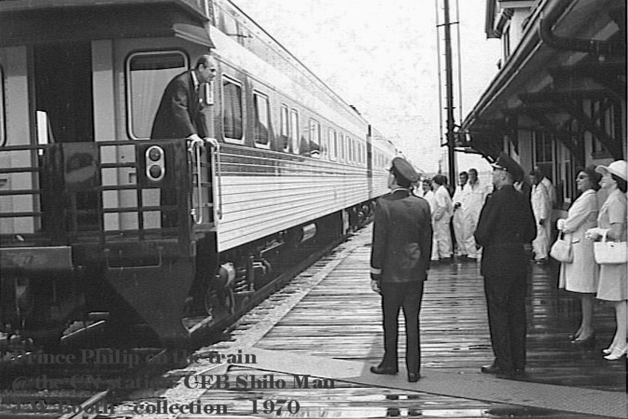 Prince Philip  (RIP)  On rear platform of "Royal Passenger Extra" at CFB Shilo Manitoba!