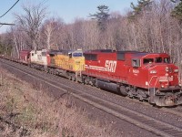 One of the most interesting trains for motive power back in the day was 243. This day it certainly had a nice mix as the train digs into the last mile or so of the climb up the Niagara Escarpment. 