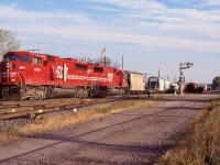 A pair of relatively clean SOO Line SD60's roll past Woodstock station, complete with a StL&H sign. Most of the traffic in the sidings appears to be for the potash facility in Putnum and will be lifted by one of CP's locals. Today OSR typically works these tracks as well as the entire St. Thomas subdivision.