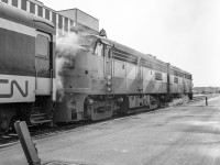 An eastbound CN passenger train will soon depart London, Ontario on November 30, 1968. Here are its two MLW FPA-4 locomotives.