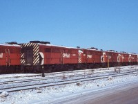 <br>
<br>
   Carriere Fini.
<br>
<br>
   The whole family of MLW built models: FA2, FPA2, FB2  are stored  - careers finished
<br>
<br>
   At CP Rail St-Luc, December 11, 1976 Ektachrome by S.Danko
<br>
<br>
