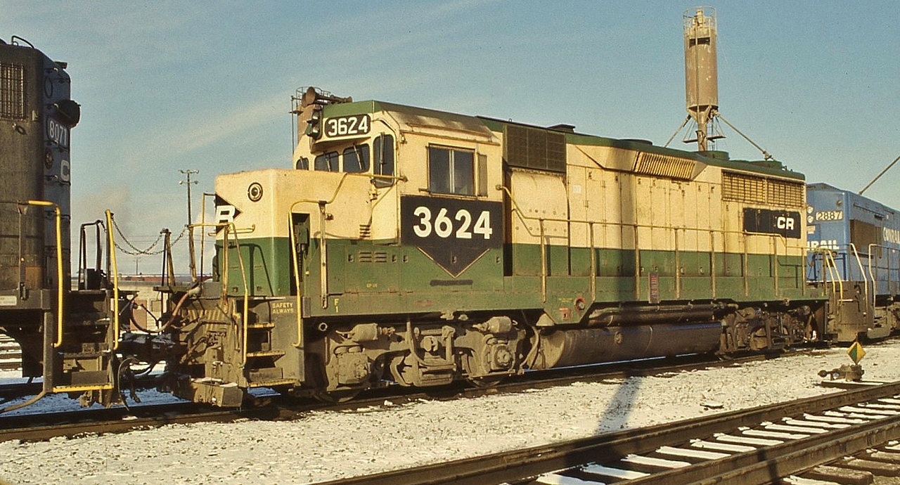 Ah...the early days of Conrail....ex whatever were common on the ex NYC Water Level Route through that fan hot spot of Silver Creek N.Y.....


   No surprise when the Can Opener ( CR  logo ) odd balls started to show up at Agincourt via the TH&B run throughs 


   EMD GP35 built 12-1963 serial 28637 constructed as Reading #6505, 


   renumbered  to CR 3624  and is the middle unit of the CR trio  GP38-2 8071 – GP35 3624 -  U30B 2887


   and while early VIA was interesting...the CR produced a heck of good show it's first decade !


   [….watch out a U boat is in the area ! ]


   ex Reading GP35 at CP Rail Agincourt, December 2, 1978 Ektachrome by S.Danko
