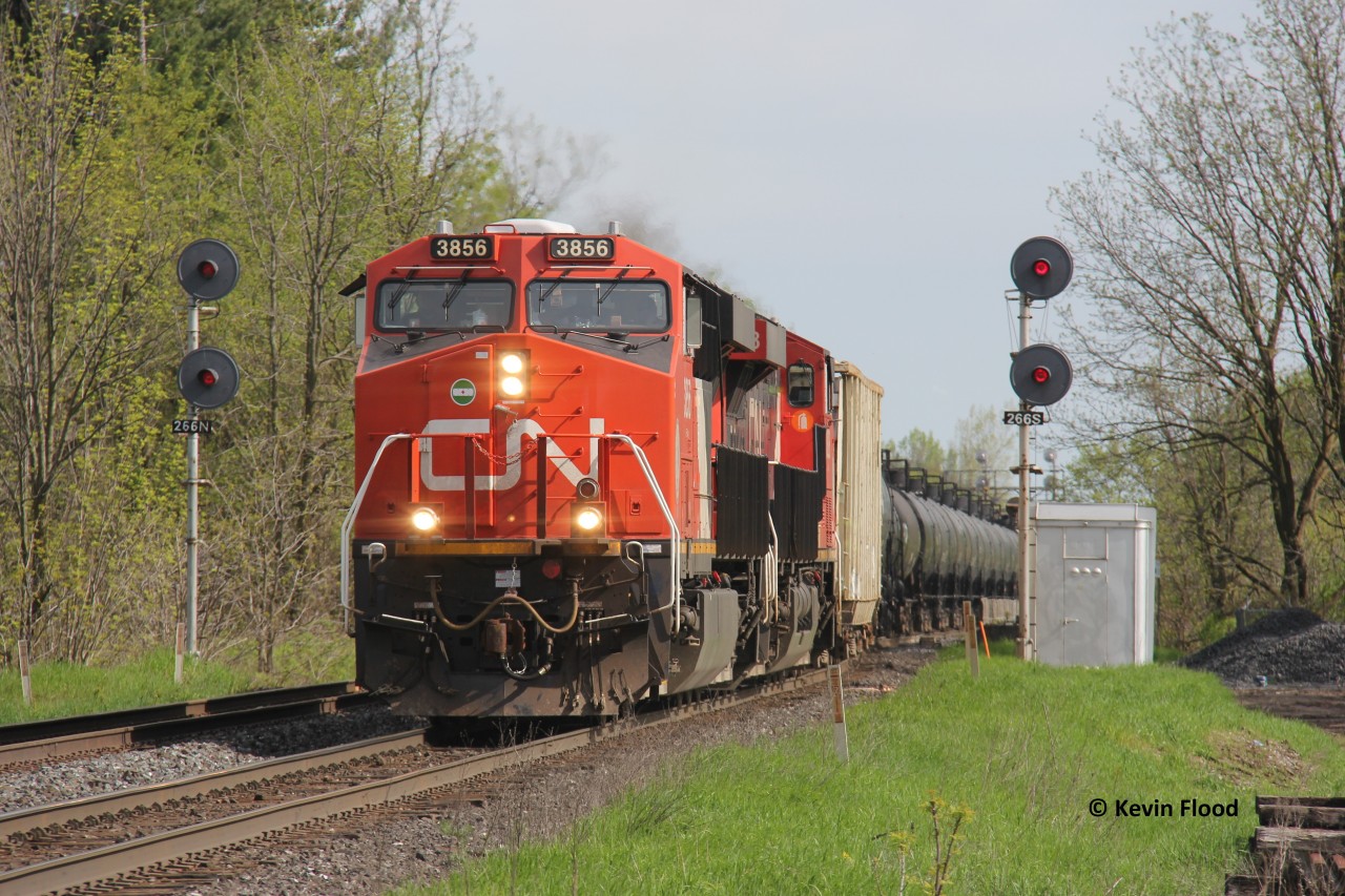 CN 3856 west splits the searchlight signals at Stewarttown - one of my more favourite shooting locations because of the signals. Luckily, some searhlight signals have survived the tri-light takeover.