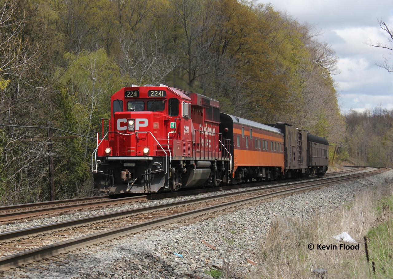 The CP TEC train is pictured underway westbound for London with CP 2241 and a Milwaukee Road inspired coach up front (the highlight of this train for me; the leader was from it!).