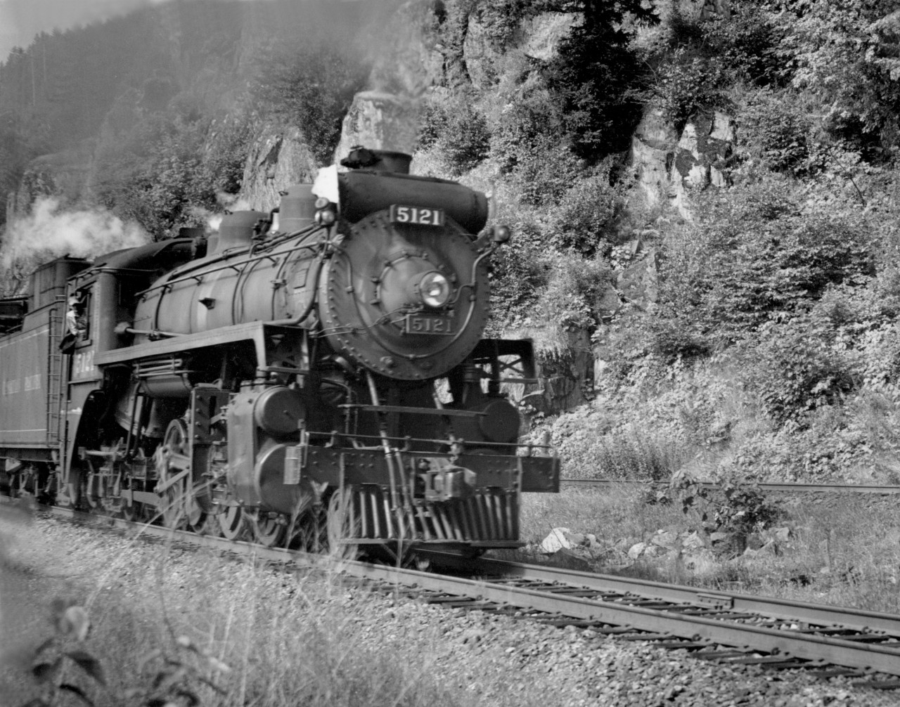 5121 east near Harrison tunnels between Harrison Mills and Aggasiz.  Westward main track visible at right.