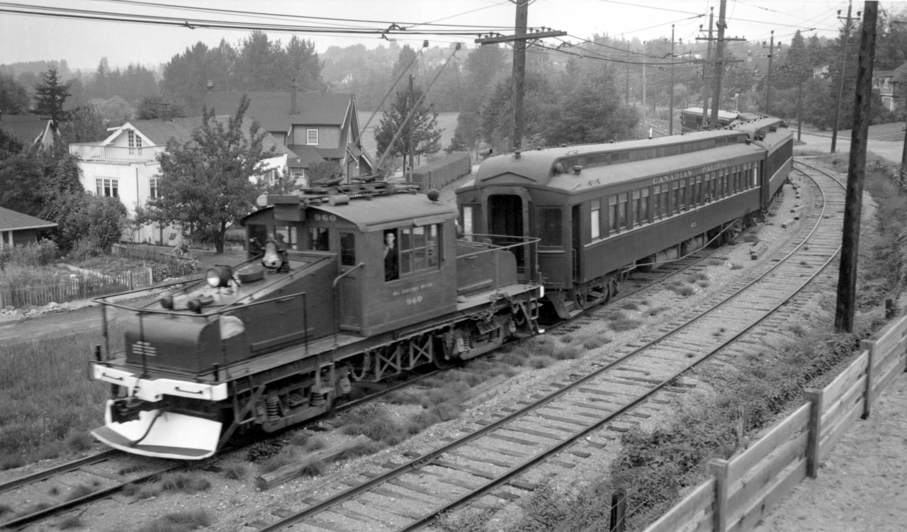 Lower Mainland Railroad club excursion train on Labor Day 1953 at 33'rd avenue southbound in Vancouver with BCER #960 doing the honors.  The 960 is now being restored by the West Coast Railway Association in Squamish.  The rail line is now a paved walking and cycling path.