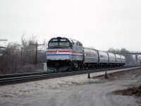 The "Maple Leaf" speeds through Aldershot with Amtrak F40PH 344 in the lead. This unit was a regular on this run in the early 1980s.