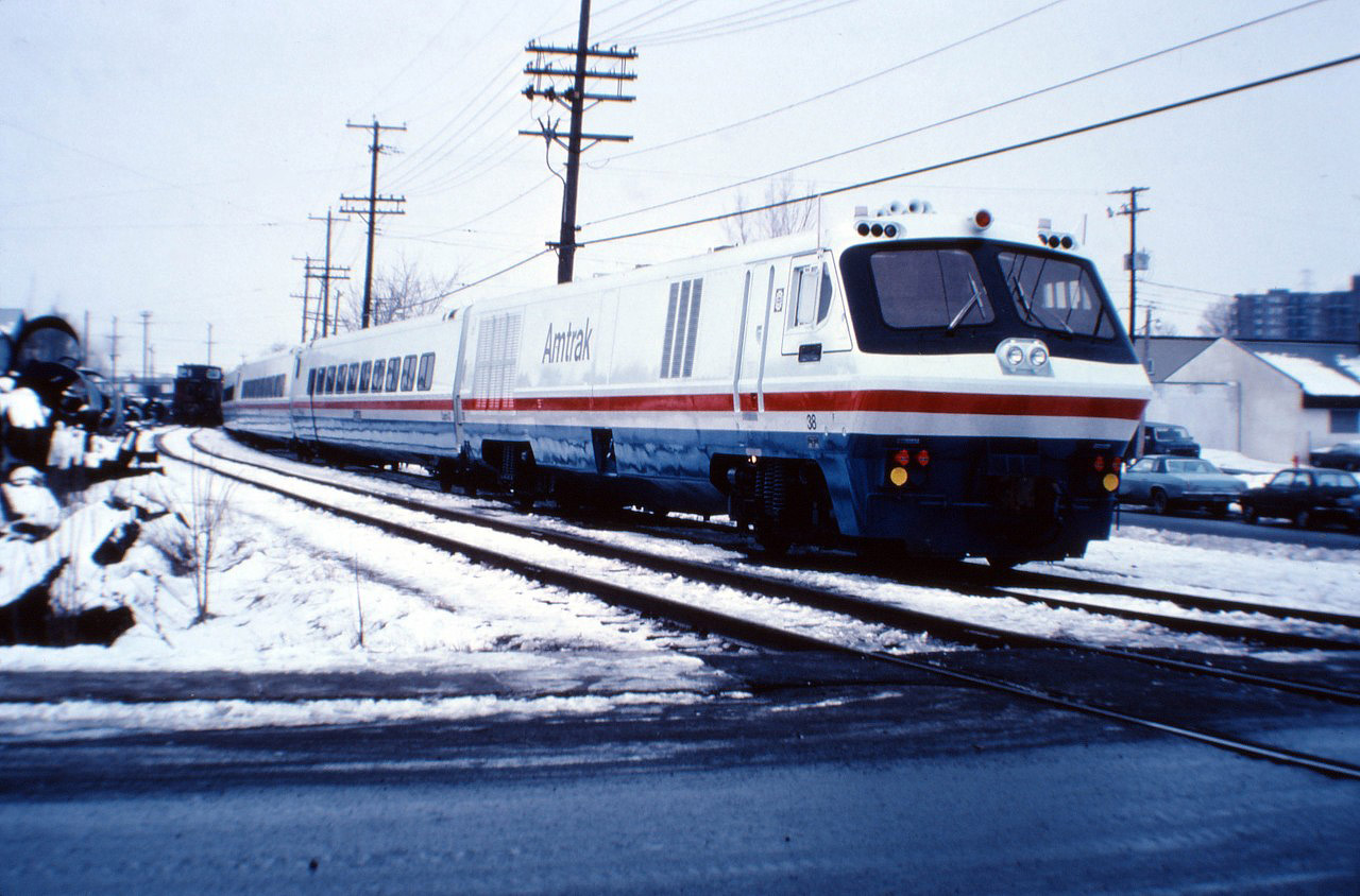 After years of development and testing, two LRC train sets were built for Amtrak in 1980. Two locomotives (38 and 39), two club cars (40 and 45), and eight coaches (41-44 and 46-49) were leased to Amtrak with an option to buy that was not exercised. Amtrak used the LRCs between New York and Boston for a couple of years before returning them. While the locomotives were assigned VIA numbers (6941-6942), they never entered VIA service and were eventually scrapped by Bombardier. Nine of the passenger cars were modified by VIA and eventually used between Toronto and Chicago on the International. Orphans in the VIA fleet, the "Amtrak" LRC cars were removed from service early and finally retired in 2001. (With additional information from Eric Gagnon's Trackside with VIA book.)