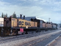 The picture was taken during the summer of 1988 and for some reason I can't find the exact date. The time of day would have been around 1800 hrs. The big surprise was finding the BCR rail grinder sitting on a siding near the station. It was shut down and the crew were out of site. I was told latter that the rail grinder was returned to the builder after CN took over & was scrapped. The van at the rear of the rail grinder is #1801 and the station can be seen on the right side of the picture. 