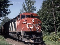 Eastbound CN SD60F 5523 at Popkum on CNs Yale Sub. Built in early 1989 and sold to LTEX in 2018. 