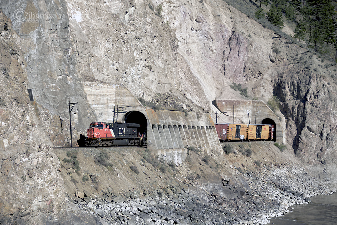 Westbound CN 2221 at the Skoona Sheds/Tunnels, just west of Spences Bridge, on CNs Ashcroft Sub.