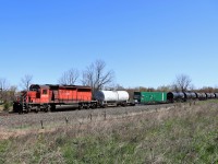 With what has been going on lately on this stretch of the Galt sub, getting one train in daylight if we are lucky, to seeing 3 trains by 10:30 am was a nice change. CP 235 waited at Guelph Junction for CP 234 to pass and then headed west. Shortly after, this one showed up. The annual weed sprayer, led by CP 6043. The SD40-2 wasn't looking the best physically, but it always nice to get a train with one of the few remaining leading.