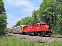 It's always nice to see the SD60's back leading and any train running solo down the Hamilton mountain is quite the rarity as well. Todays CP 246 had former SOO, CP 6255 running solo with a very short auto rack only manifest as it rounded the bend on the approach to the First Line/ Third Line crossing. I must say, the black flies and mosquitoes had a feast the last time I was in there so today I waited for the horn at Campbellville Road and did a quick in and out. 