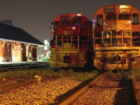 I think one of the things I miss most about my visits to Kitchener, is the late night visits to the old CN station. Even if there wasn't any activity going on there was more then enough opportunities to photograph the slumbering local power, not to mention the station and old Krug furniture factory providing a great backdrop. It is hard to believe it has been four years since I took this photo and sadly not only does the GEXR no longer operate here but CN has disconnected at least one of the stub tracks here. Unfortunately CN no longer stores power at the station, instead it is deep in private property within the yard.