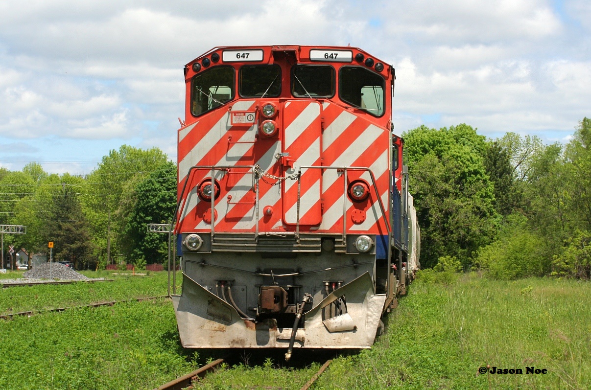 On May 26, 2020 Ontario Southland Railway (OSRX) set-off M-420(W)’s 644 and 647 for interchange with CN in Guelph, Ontario. Earlier in the spring, these two units along with 641 and 646 were sold to Quebec-based shortline Chemin de fer Sartigan. All four M-420(W)’s are former BC Rail units that were built by MLW in 1973. All four units had arrived on OSR during 2003.

Here former OSR M-420(W)’s 647 and 644 are viewed spending a Sunday morning in CN’s XV yard in Guelph as they await the next CN L533, which will lift the pair for the start of their trip to Quebec.