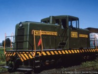 Canada Starch Company Limited's GE 65 tonner number 6, known as "Green Hornet," is seen in the yard just north of Highway 2.  Built new for Canada Starch in June 1947, Green Hornet was sold in 1977 to locomotive dealer Paikin and later that year to US Metals & Refining in Cateret, New Jersey as their #5.*  The company shut down in 1986 and no further information can be found on the locomotive.<br><br>Information from Colin Churcher.<br><br><i>C. G. Parsons Photo, Jacob Patterson Collection Slide.</i>
