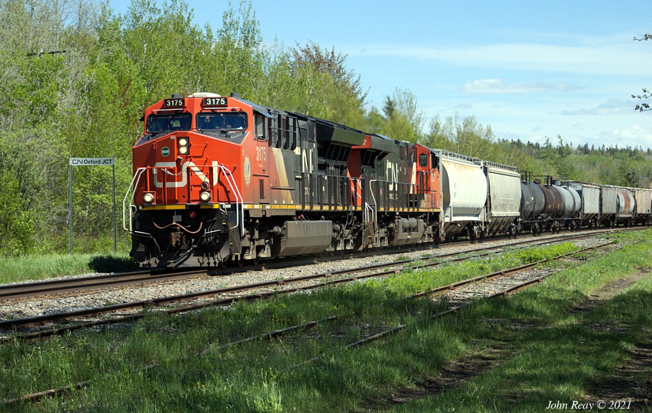 CN train A407 by Oxford Jct, NS @ 14:36, 328 Axles, CN 3175, CN 2317 on May 28th, 2021. Oxford Junction is fast becoming one of my favourite locations near where I live.