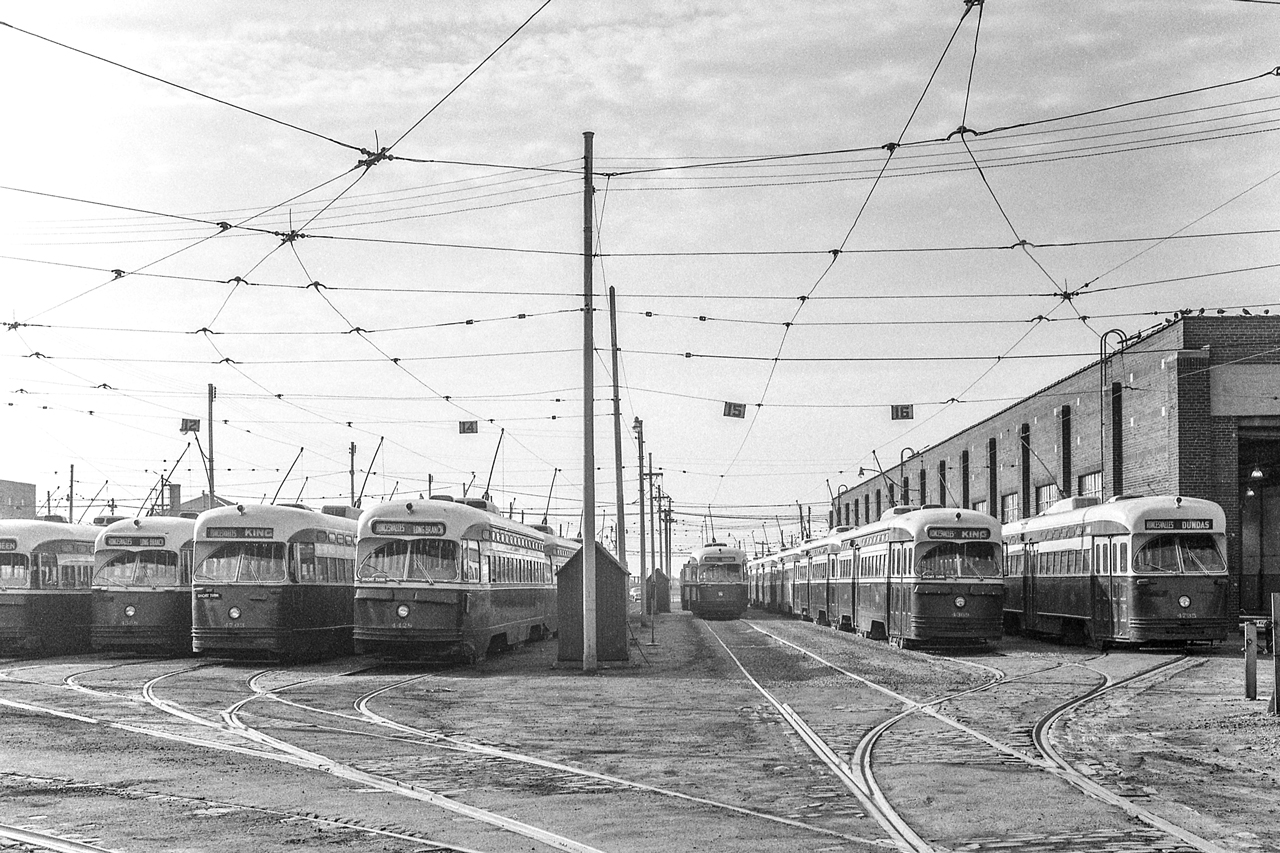 Row upon row of PCC cars are next to the Roncesvalles car house in Toronto on September 13, 1969.