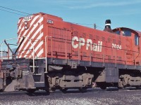<br>
<br>
   With new sealed beam highlamps and a single air horn, but stack is capped....
<br>
<br>
   ...whether 1944 built  ALCO S-2  #7024 ever returned to CP Rail service...
<br>
<br>
   At CP Rail Agincourt, January 20, 1980 Kodachrome by S.Danko
<br>
<br>
   the ALCO was sold to Trillium Railway, circa 1986, and in service as of 2006 as TRRY 7024.
<br>
<br>
sdfourty