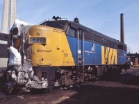 <br>
<br>
    Always something different at Spadina: a snow and ice encrusted nose. 
<br>
<br>
    MLW 1959 built FPA-4 #6775 at CN Spadina, April 1, 1978  Kodachrome by S.Danko
<br>
<br>
   By 1988 VIA # 6775 to NAPA Valley #71
<br>
<br>