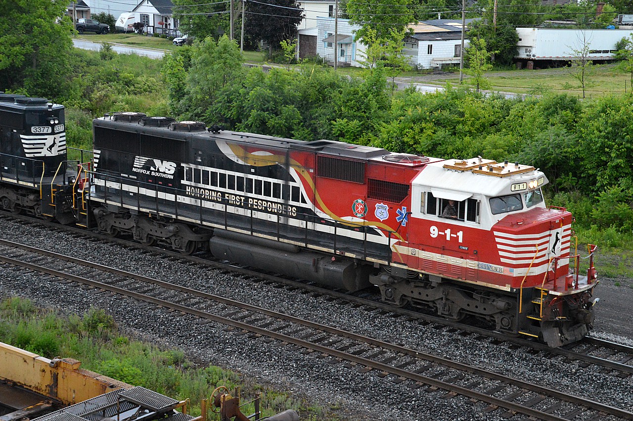 Well, since the Special dedication locomotive featuring First Responders as painted up by the Norfolk Southern has moved on from the Buffalo pool, I guess this image is as good as it gets for me. After several trips down to Fort Erie for this early evening transfer train from Buffalo o Fort Erie and return, I managed this shot in the usual (for me) ho-hum weather. At least I got to see it. Personally, I think it looks great in any weather.