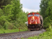 With 83 cars on the drawbar and no southbound trains for 100 miles, CN M303 wastes no time making its way out of the Greater Toronto Area and up the Bala sub. The defect detector at Mile 31 (2 miles south of me) gave them a speed of 38mph and they certainly weren't slowing down! CN 5630 leads and is solo which was a nice break from the constant that are Gevos leading on the Bala. 