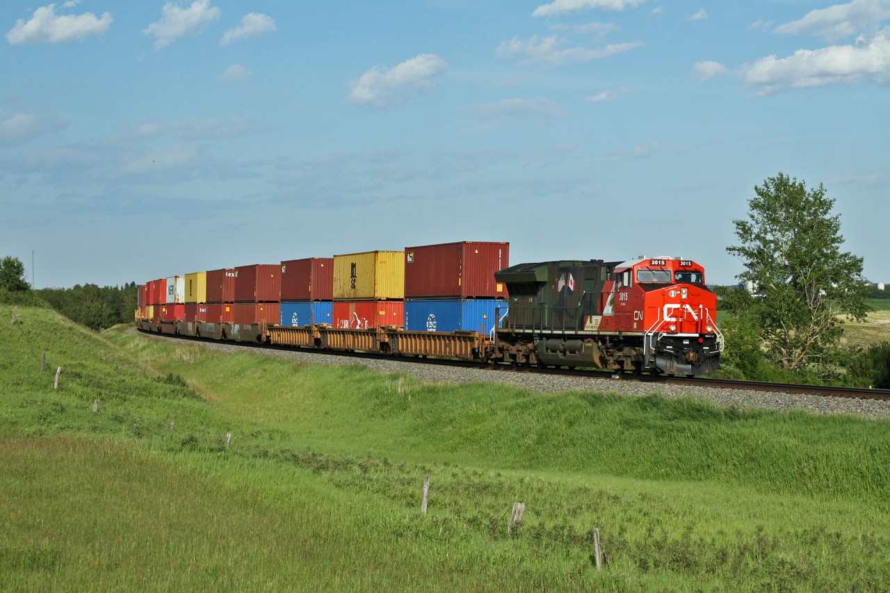Q 19991 17 grinds up grade, out of the Battle River valley with CN 3015, sporting a scheme honouring the Canadian and American military.  CN 3015 and mid train remote CN 3157, are handling 255 cars for a total train length of 15,699 feet.