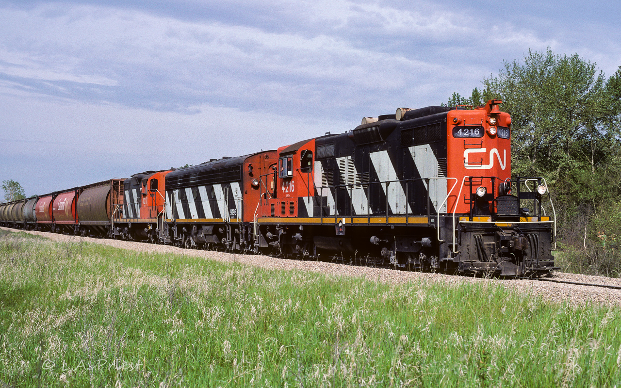 An interesting ABA set with the 4216 leading, 9198 and 4217 at the rear. The unit train has obviously stopped, possibly in Lac La Biche, and picked up a few grain hoppers on the way home. The recently applied ballast is waiting for the little army of machines to come spread and shake it into place. Photo taken at the east crossing of the hamlet of Coronado.