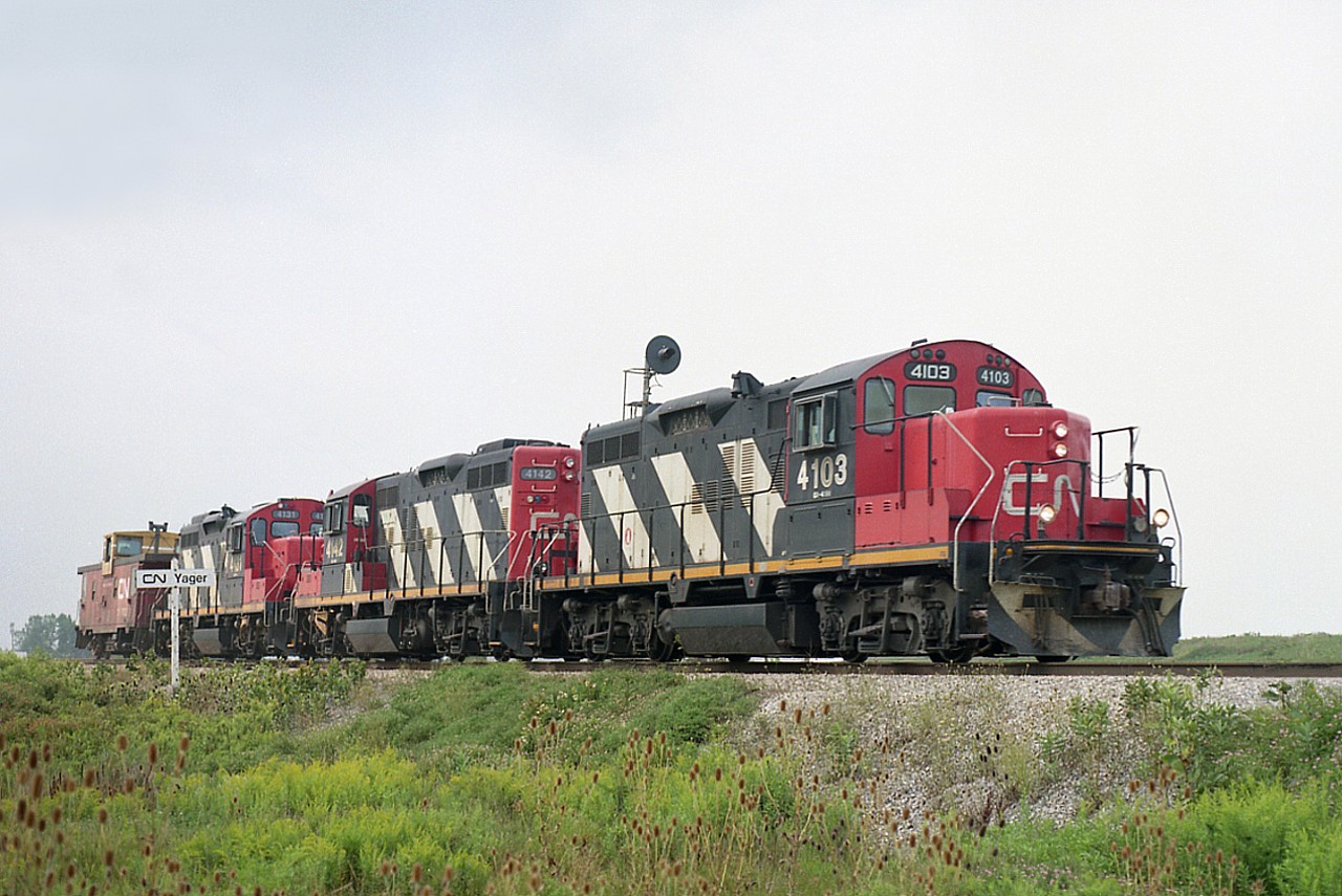 Well, the old GP9u locomotives are fading away as the roster gets thinned down from the original 81 to only 17 in the 4000-4143 series according to the 2021 Trackside Guide.
Here is 3 of them (with an international caboose) rolling eastward by CN Yager on the Stamford Sub.,units CN 4103, 4142 and 4131.