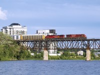 CP 147 soars above the Grand River at Galt.  The short train will make the climb up Orr's Lake Hill with ease.