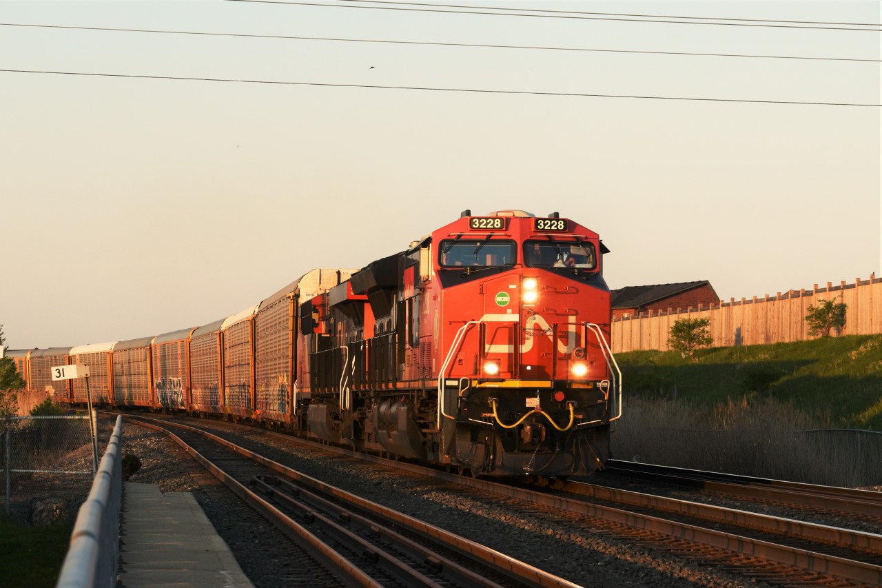 A somewhat form of "Foreign Power" on the Galt Subdivision after train 2-119 turned into 2-241 in Lambton with CN 3228 & CN 3209 to proceed westward towards Detroit with just shy of 10,000 feet of empty racks.