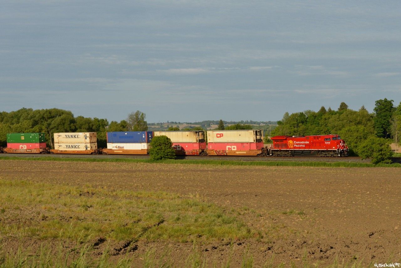 CP 8208 (nee CP 8560) South looks great heading into the sun sporting a fresh, and clean!, coat of rebuild paint about a mile North of Alliston.