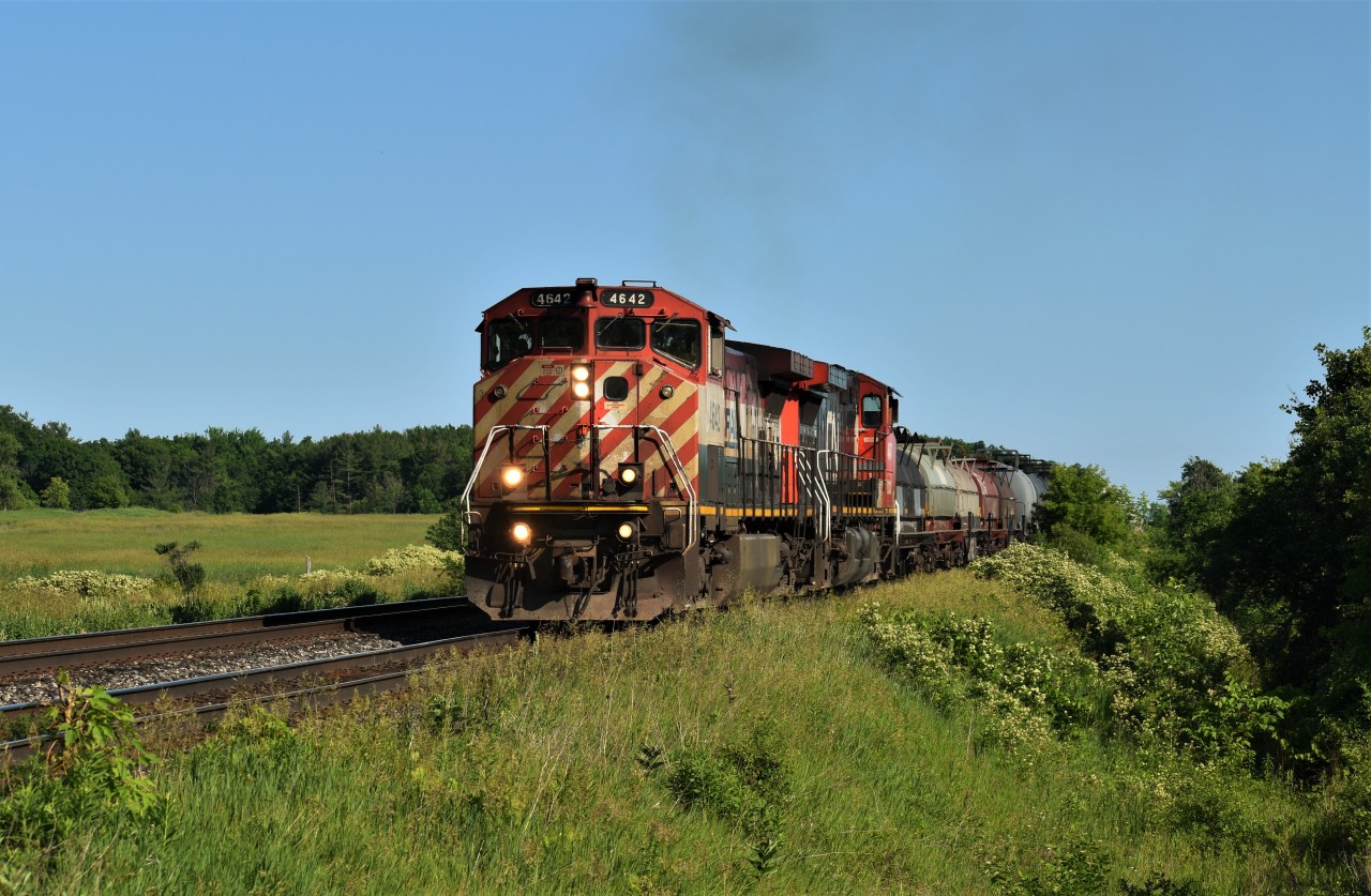 After getting used on train L502, one of the last Remaining Red, Black, and White BCOL C44-9WL's (BCOL 4642) and repainted into CN Color's (BCOL 4647) power CN M38231 12 through Mile 40 of the Halton Subdivision at Ash.