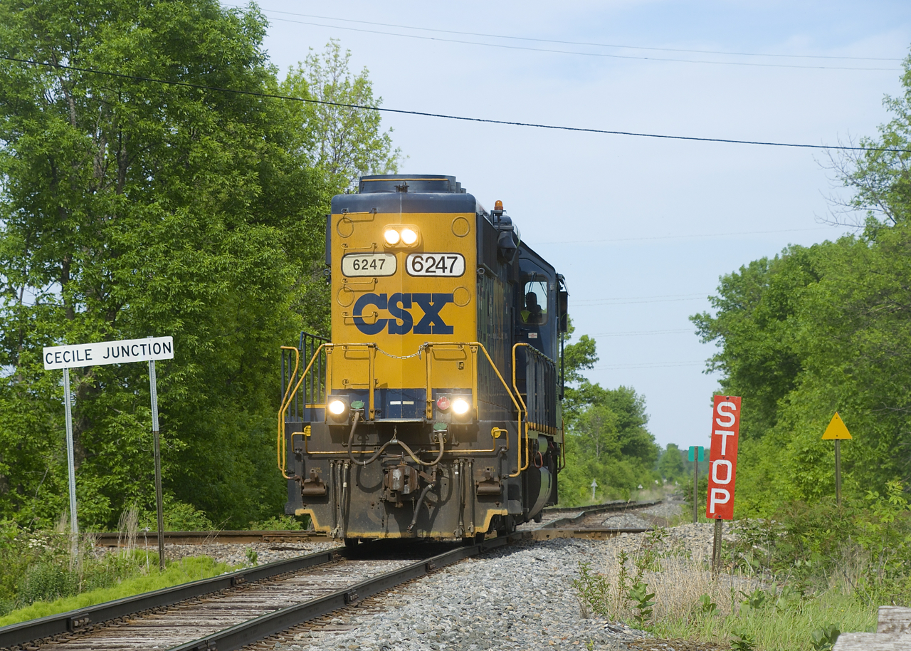 After stopping for a short period and then sounding its horn, CSXT 6247 is going over the CSXT/CN diamond at Cecile Jct.