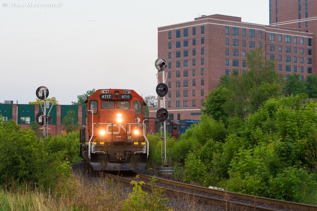 CN L549, aka the West Toronto Turn is seen here in the early morning hours of June 4th as they head north out of Lambton Yard using the Galt/Mactier connecting track after about an hour and a half of work. They will run on the Mactier for about half a mile, then switch onto the Weston Sub via the CN connecting track and hightail it back to Mac Yard from there. Since 549 is a competing train, once they are on CP tracks they are effectively the lowest priority train in the area, therefore any CP train in the vicinity that needs to run will be able to go before them. This was exactly what I had hoped for, as 549 having to wait for multiple CP trains on the trip to and from Lambton lead to them being a daylight run on the trip back north as you can see here. Seeing this train in daylight is something I’ve been looking for ever since I heard about 549s existence, and finally the stars aligned for it to happen. Perseverance pays off!