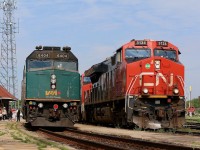  VIA train 71 has just begun to board passengers at Brantford station with F40 rebuild 6404 on the tail end, while local train 580 is just out of view on the yard ladder track. CN train 394 with a 5 unit lash up soon appears on the north track as it rumbles past heading for Toronto, and GP9RM 4136 can be seen in the distance in the yard. Not bad for a 15 minute stop on my way to Woodstock this day.