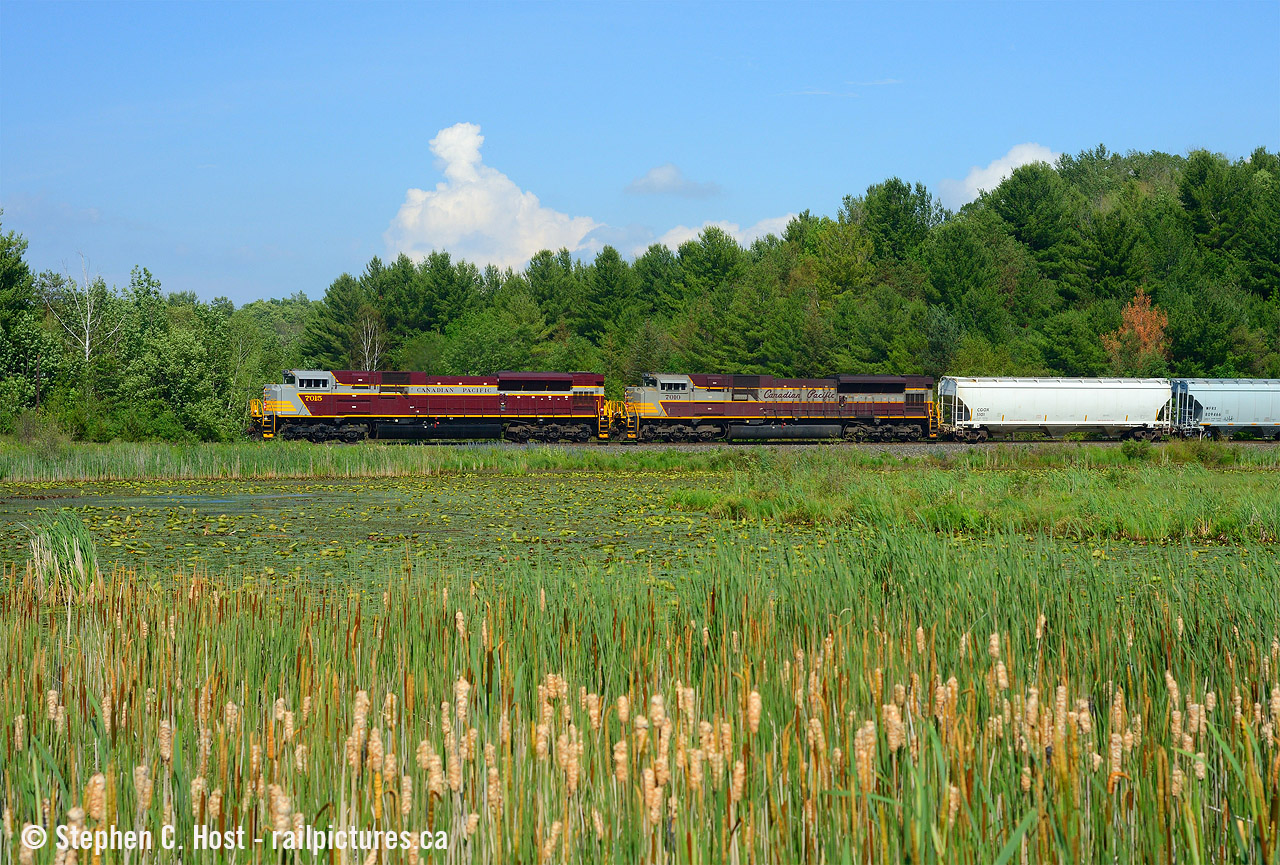 Passing over the Palgrave swamp, this lovely pair of matched "heritage" SD70ACU's look great in the mid afternoon sun. Talk about differences, with 7015 nice and clean and 7010 dirty, they really do like different shades of grey don't they. I'm sure a power wash would do 7010 good. I shot 7015 on it's inaugural cross country journey in October 2019 also at Palgrave - which is a great place to shoot trains, any time of day you can get good light, somewhere. Thanks to everyone including you know who for letting us know this was coming, there was a LOT of people trackside for this.