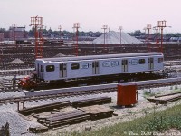 On June 19th 1965, John Bromley was present at the TTC's Greenwood Yard to photograph brand new TTC H1 subway car 5350 being unloaded from its flatcar at the pit track. Shirts appear to be optional on this warm June day as workers ready the car for unloading. At the time the TTC was <a href=http://www.railpictures.ca/?attachment_id=36389><b>taking deliveries at Greenwood</b></a> of new H1 subway cars <a href=http://www.railpictures.ca/?attachment_id=36671><b>from Hawker Siddeley in Thunder Bay</b></a>, ordered for the new crosstown Bloor-Danforth subway line (to open next year, in Feburary 1966) even though the yard was still under construction at the time (note the large ballast piles and stacks of ties in the background). <br><br> The H1 subway car bodies were delivered without trucks, so "shop trucks" were slipped under the body at each end. Here, one has already been installed under the rear (blind) end of the car, and one waits on a small trolley to be slipped under the front end on the right. Once the shop trucks are installed, the TTC's red Whiting trackmobile will pull the car off and run it around the bottom of the yard loop track into <a href=http://www.railpictures.ca/?attachment_id=32686><b>the shops</b></a>. The flatcar it's riding on is CP 313003, one of a handful converted from old heavyweight sleeping cars (more info in <a href=http://www.railpictures.ca/?attachment_id=32616><b>this photo</b></a>) to transport new subway cars from MLW and HSC. The pit track the flatcar sits on is standard railway gauge (a <a href=http://www.railpictures.ca/?attachment_id=30975><b>siding from CN's Kingston Sub</b></a>), but the ramp and yard tracks are all TTC gauge (slightly wider, done intentionally to prevent railways from operating over city streetcar tracks), <br><br> Two years later, TTC 5350 would be loaded back up onto a CP flatcar for shipment to Thunder Bay for repairs in July 1967, after a sideswipe accident with a Gloucester train damaged the first 1/3rd of right side of the car. It would return and transport the citizens of Toronto underground for over three decades until the H1 fleet was retired en masse in 1997-1999. <br><br> <i>John F. Bromley photo, Dan Dell'Unto collection slide</i>.