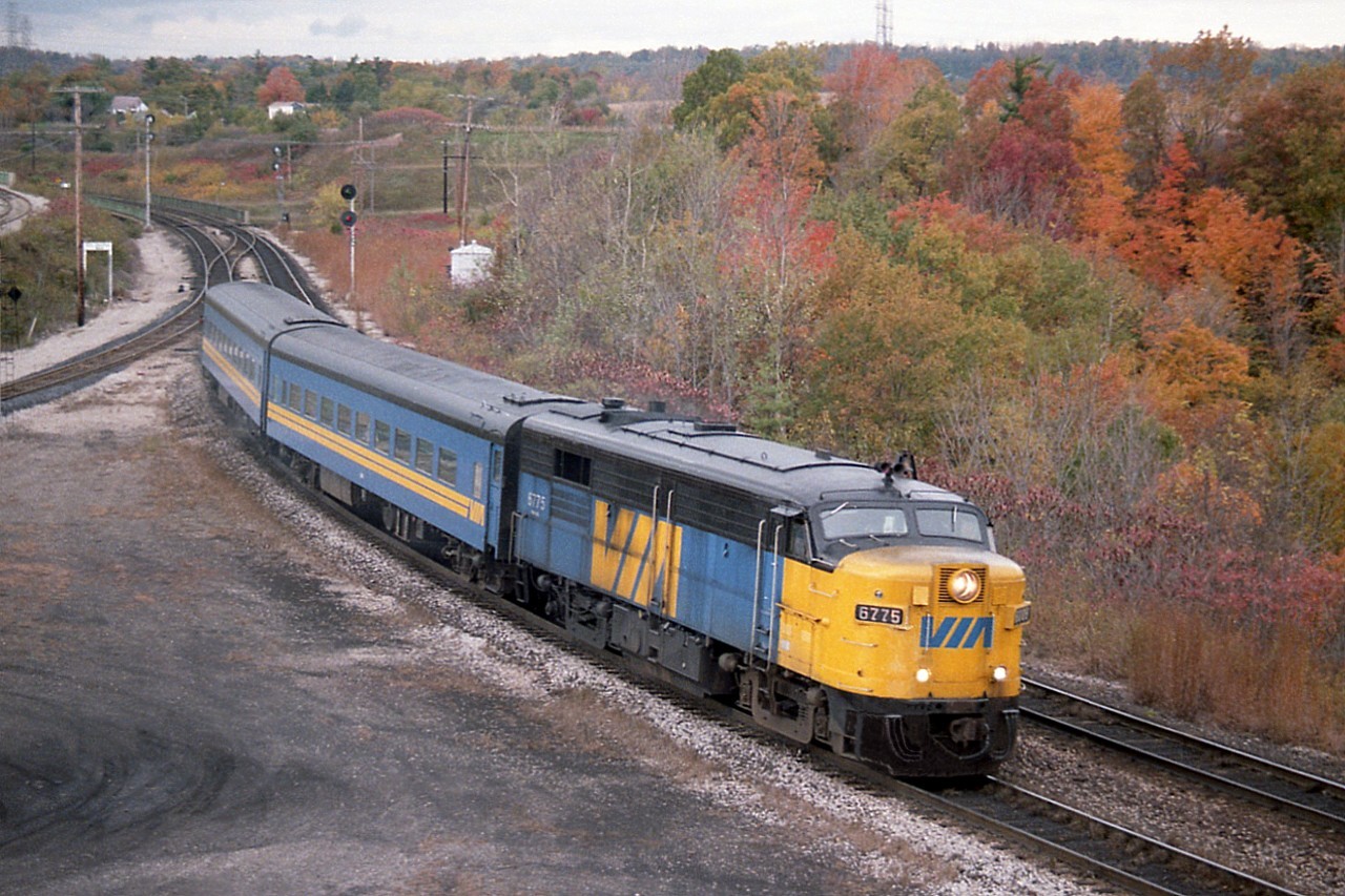 I've long considered this one of my favourite "catches" since it is relatively rare in the fact the 'VIA' on the nose is in blue. The only other done up this way was 6758, and that must have been brief because I don't think I ever did see it. Most unusual, this VIA nose, and I do wish there were more.  VIA 6775 in this scene photographed from fans' gathering area at the 'Point' overlooking Hamilton West shows that fall is in the air, and the snow season not far off. This VIA FPA-4 (built 1959) continues to soldier on, as #71 on the Napa Valley Wine Train in Napa, California.