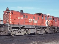 <br>
<br>
  An 'ugly 80' , MLW 1959 built RS-23 #8045 is powered by a six cylinder ALCO designed intercooled turbocharged 251C engine.
<br>
<br>
   And geared for 75 m.p.h.  (  !  !  )
 <br>
<br>
   By 1997, CP Rail 8045 to the Windsor and Hantsport Railway, the latter operated a final gypsum train autumn 2011.
<br>
<br>
   at  CP Rail Agincourt, January 20, 1980 Kodachrome by S Danko.
<br>
<br>