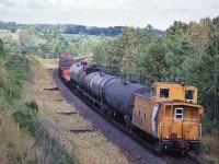 <br>
<br>
   A pair of SD40's power the Trenton Turn through Wesleyville,
<br>
<br>
   as the Conductor / Brakeman checks out the photographer
  <br>
<br>
   July 20, 1986 Kodachrome by S.Danko
<br>
<br>