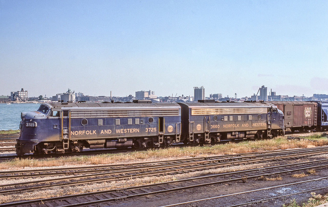 N&W 3725 and N&W 3660 are in the CN yard in Windsor, Ontario on July 6, 1974.