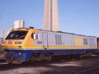 <br>
<br>
   Of twenty one Class MPA-27a, BBD 1980-82 built LRC-2 #6916 is one of seven that survived in service to 1991.  
<br>
<br>
   At CN Spadina,  March 13, 1983 Kodachrome by S.Danko  
<br>
<br>
   notable: With the 1986-1989 delivery of fifty nine GMD F40PH-2  locomotives,  9 of 10 LRC-3's and 14 LRC-2's were promptly placed in storage.
<br>
<br>
   in the left distance, is the top floor and roof of the TTR John Street Tower, the Tower exists today shorn of the roof  to accommodate the subsequently constructed Metro Toronto Convention Centre bridge / walkway.
<br>
<br>
  sdfourty


