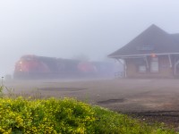 CN 2993 powers stack train 120 through the university town of Sackville, NB during some early morning fog.