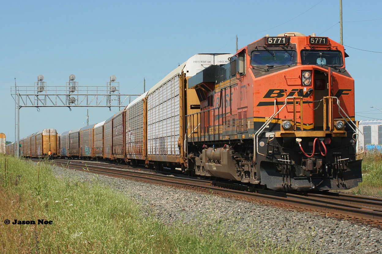 CP train 244 with BNSF 5771 is seen working Wolverton, just west of Ayr, Ontario as it sets-off long cuts of auto racks in the yard for the Toyota facility in Cambridge.