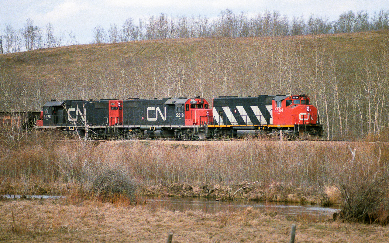 With a controlled glide the 5584 descends the hill from Kerensky with a loaded train and in just a few more car lengths, the valley will roar as the units pass over the Redwater river trestle and start to climb up the other side. Sure looks to be April and pretty confident it is 1987. Shot with a Canon f/4 200mm and 100asa print film.