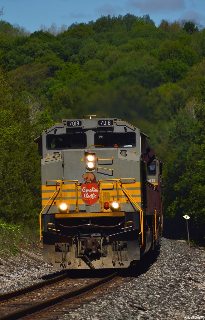 CP 7018 North jumps off the screen and rounds the bend at Carley, ON approaching Medonte and a meet with already clear/waiting train 104, sporting a "Matched Maroon" set of power my father would be proud of, it's not hard to see how our grew so fond of Tuscan colors!