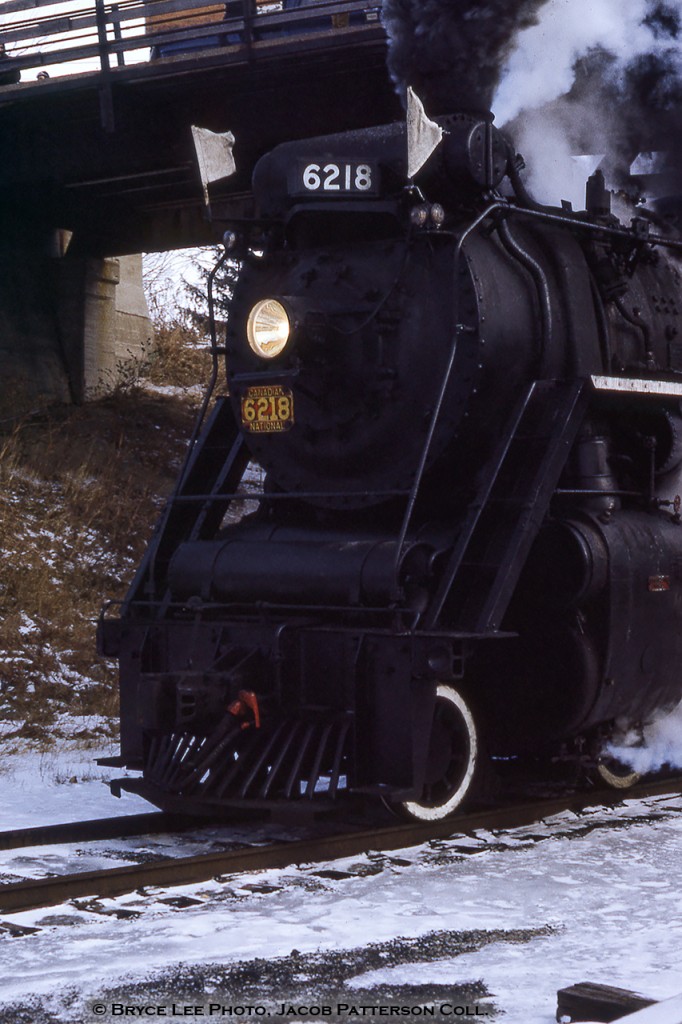 Shot from the old GWR mainline right of way, we get a closeup of 6218 as it passes beneath the Harrisburg Road bridge while on a Toronto - Guelph UCRS excursion.  She would only have 2 and a half more years before retirement on July 4, 1971, 50 years ago the date of this posting.Bryce Lee Photo, Jacob Patterson Collection Slide.