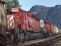 B-Unit 6065 traveling with westbound CP 9010 at Agassiz, January 22 1995. I presume the second unit is the 6089. My notes indicate that I missed another one. 